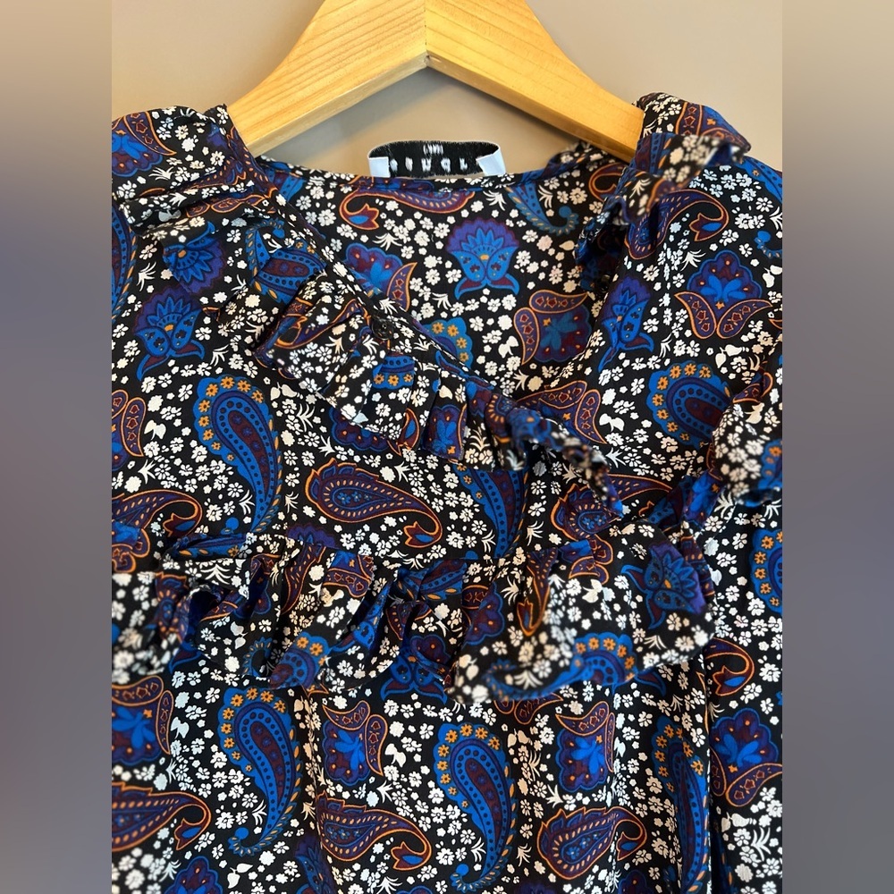 Sandro Paris Paisley Silk Shift Dress Mini Short Ruffle Blue Black Size 1 Small - Picture 3 of 7